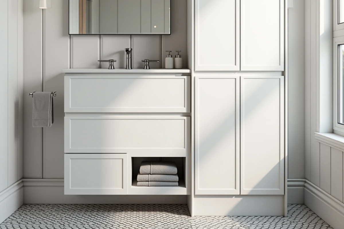 Petite salle de bain optimisée avec colonne de rangement intégrée sol-plafond en laque blanche et carrelage hexagonal en noir et blanc