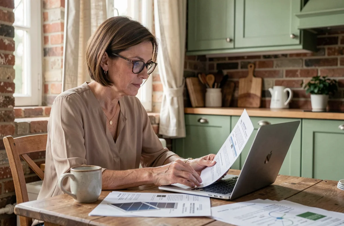 Femme comparant des devis de panneaux solaires sur ordinateur et documents papier chez elle à Lille
