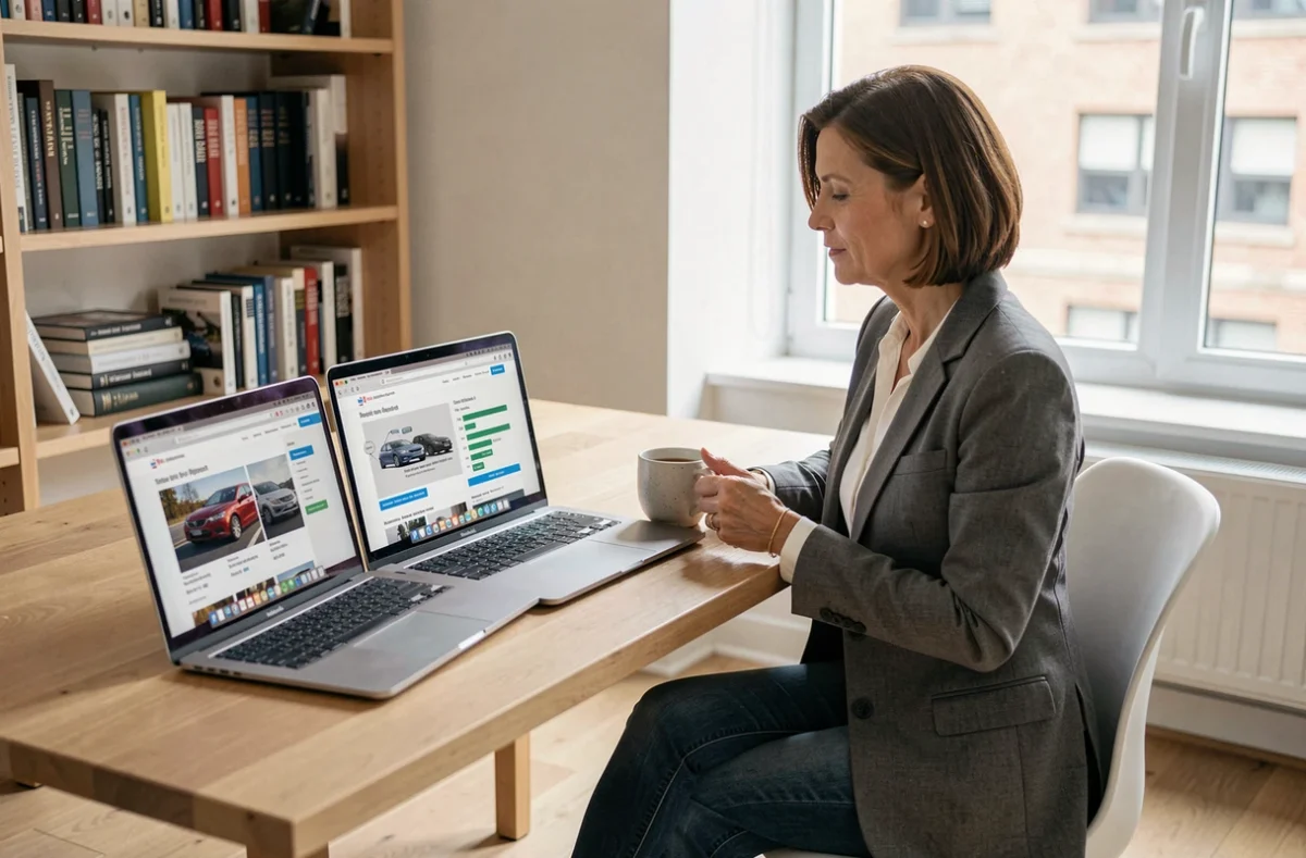 Femme comparant les avis et classements de fiabilité des modèles Equation 2026 sur ordinateur depuis son bureau à domicile