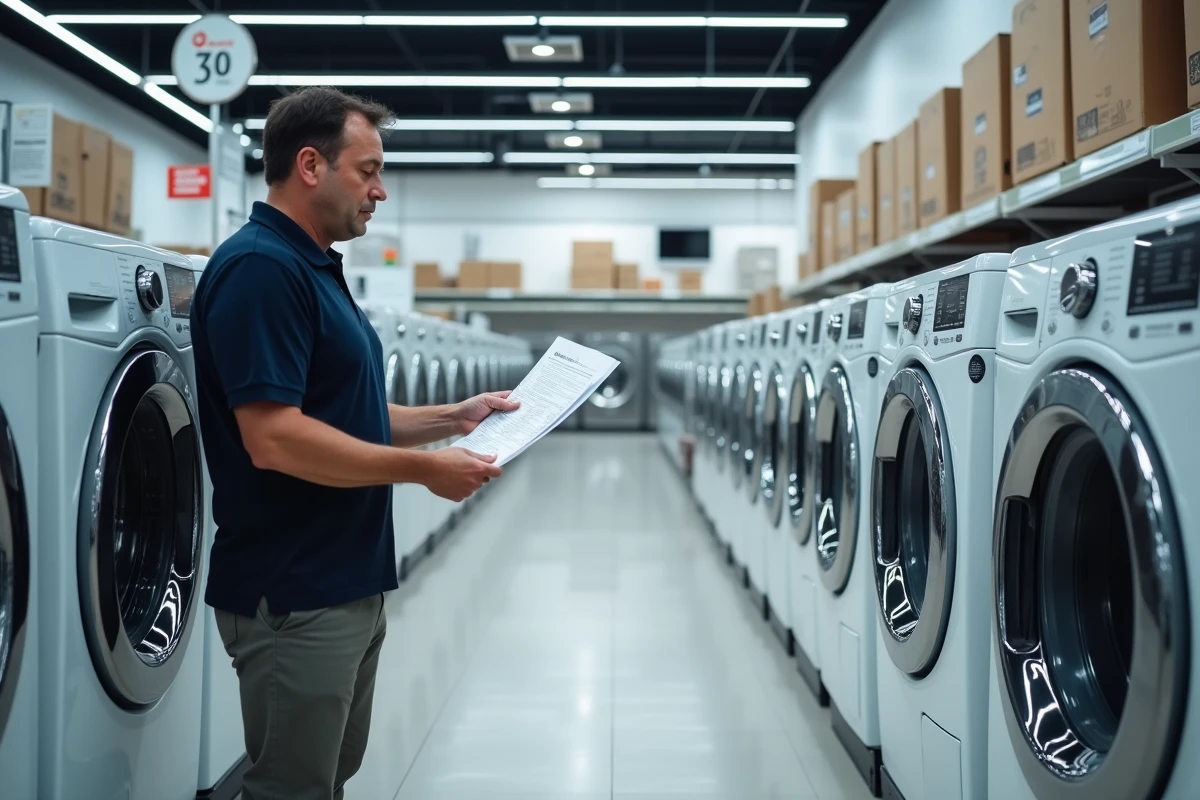 Homme comparant les dimensions de machines à laver dans un magasin électroménager avec une fiche technique