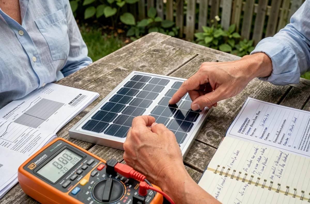 Comparaison de deux petits panneaux solaires puissants sur une table de jardin avec fiche technique et multimètre