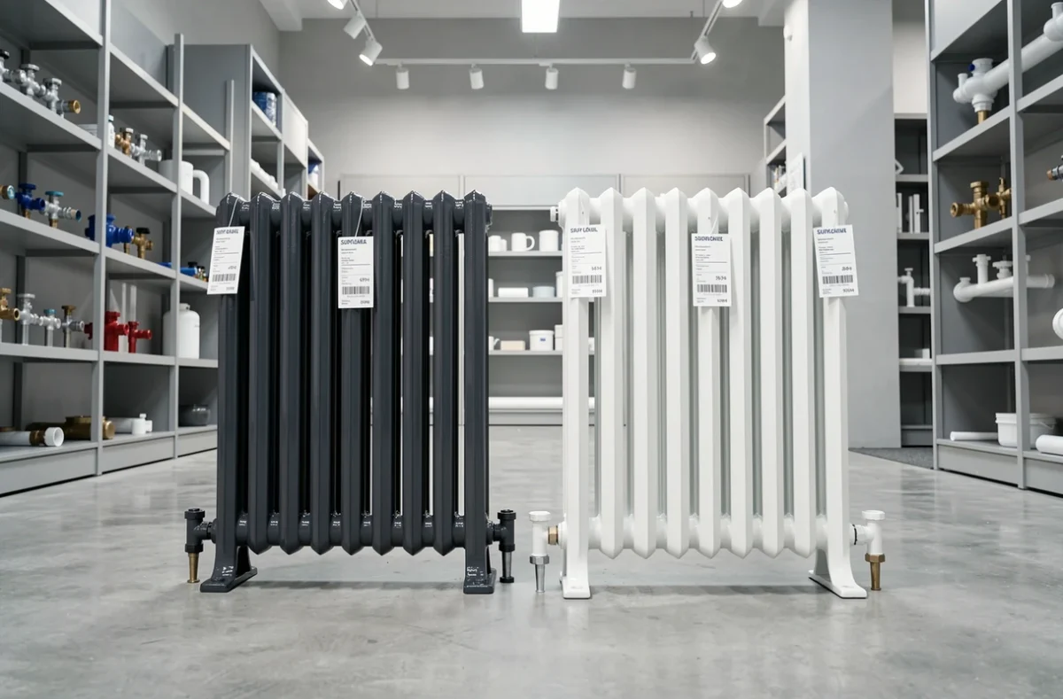 Comparaison de deux radiateurs en fonte neufs dans un showroom de plomberie moderne