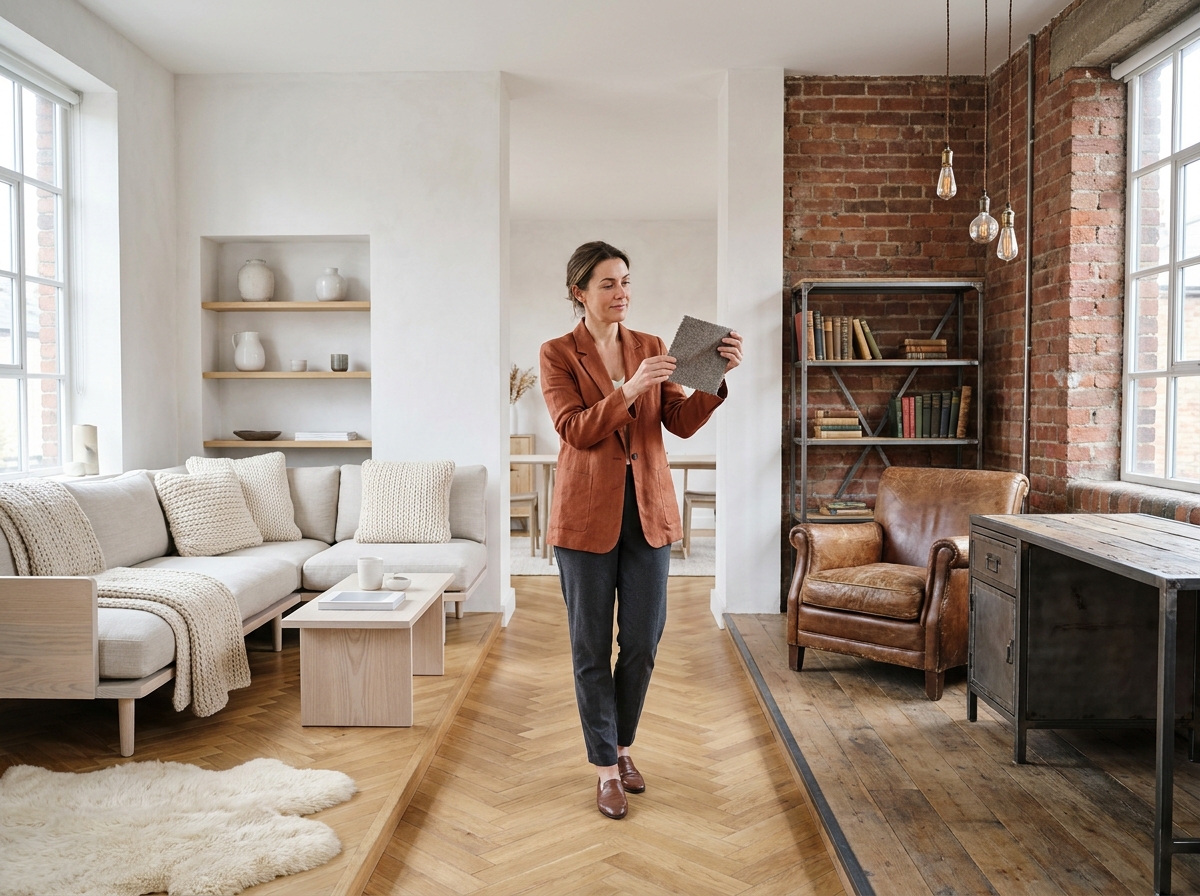 Comparaison déco salon scandinave et industriel dans un showroom, femme examinant les deux styles côte à côte