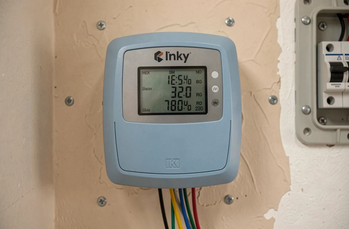 Gros plan sur l'écran d'affichage d'un compteur Linky avec données de consommation électrique