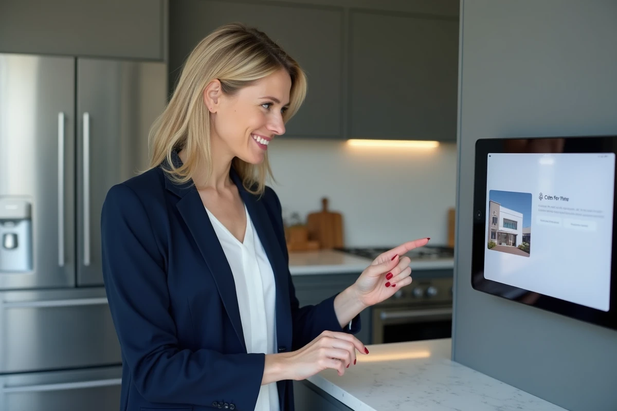 Femme configurant une application domotique sur tablette murale dans une cuisine connectée moderne
