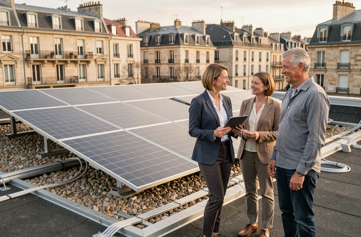 Conseillère en énergie solaire présentant une installation de panneaux photovoltaïques à des propriétaires à Bordeaux