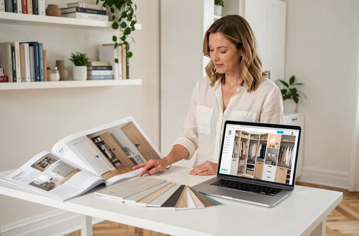 Femme consultant un configurateur de dressing en ligne sur mesure avec échantillons de portes sur un bureau design dans un bureau à domicile