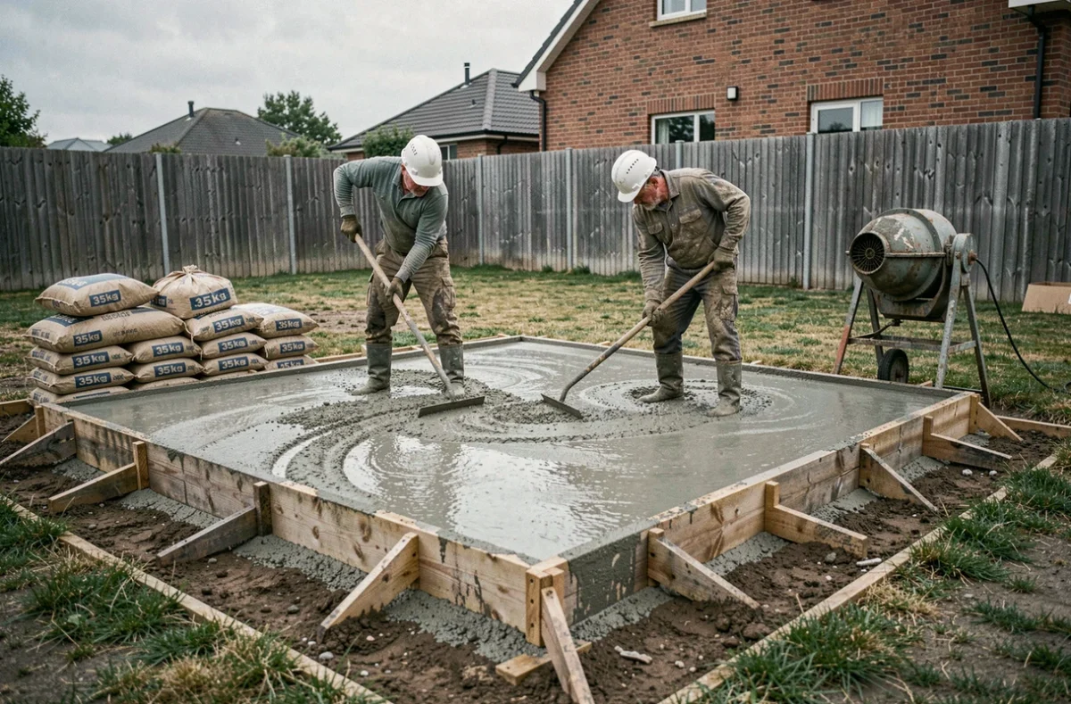 Coulage d'une dalle béton en jardin avec sacs de 35 kg vides et bétonnière électrique portable