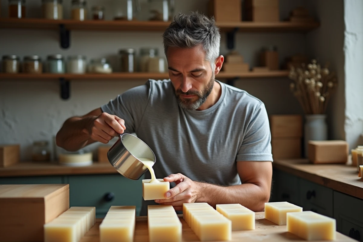 Homme versant du savon fondu recyclé dans des moules rectangulaires dans un atelier artisanal