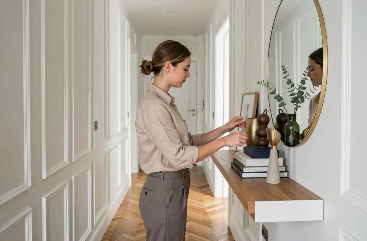 Femme aménageant un couloir étroit en espace de rangement décoratif avec étagères flottantes et miroir rond