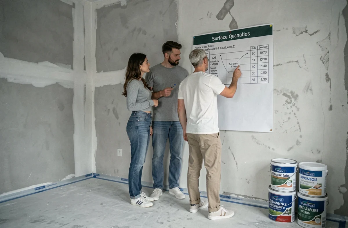 Couple étudiant un tableau de calcul de surface et de quantité de peinture dans une chambre en cours de rénovation avec pots de peinture au sol