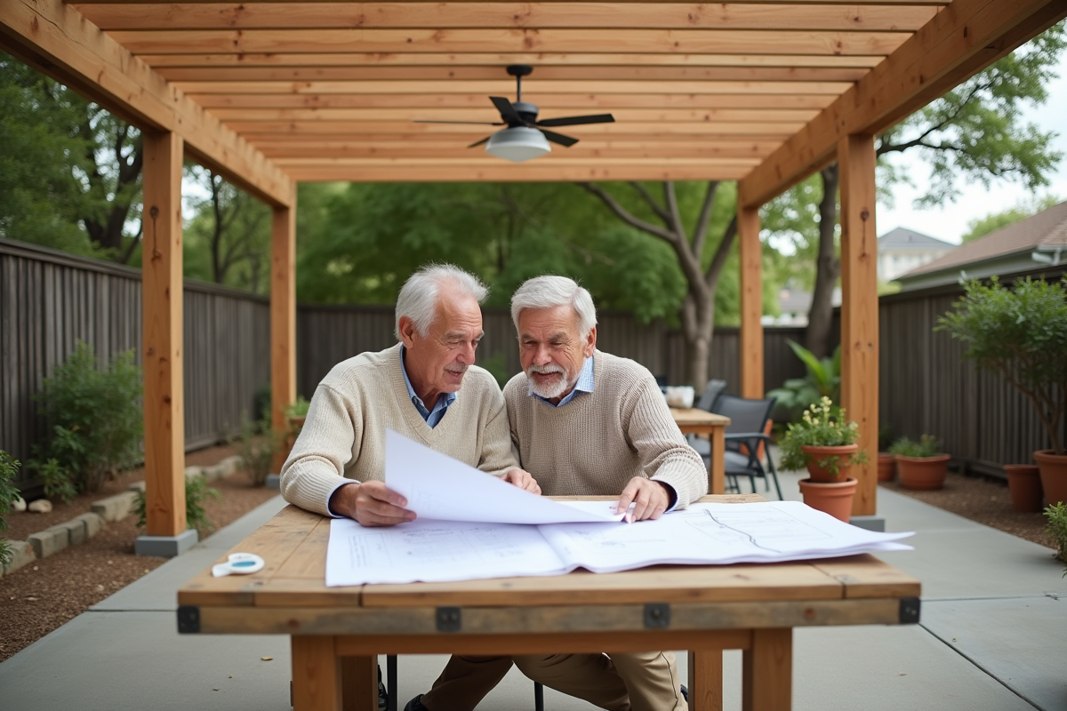Couple d age moyen discutant de plans sous une pergola en construction