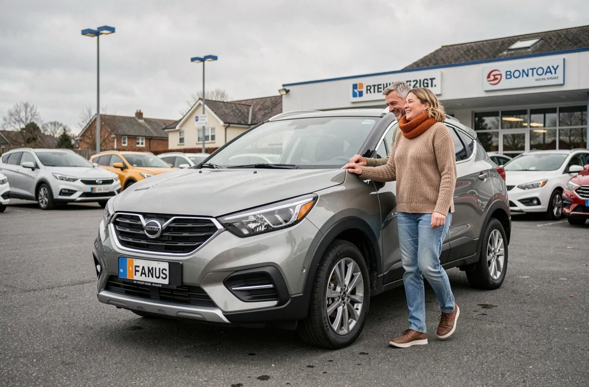 Couple inspectant un SUV compact fiable de la gamme Equation 2026 dans le parking extérieur d'un concessionnaire automobile