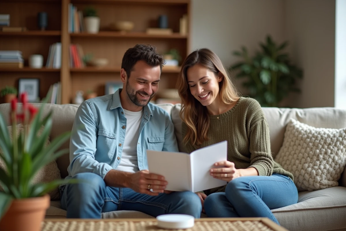Couple consultant le guide d'installation de leur première box domotique dans un salon cosy