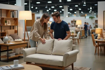 Jeune couple choisissant un canapé abordable dans un grand magasin de meubles BUT pour aménager leur logement