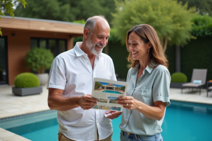 Couple souriant près d'une piscine dans le jardin