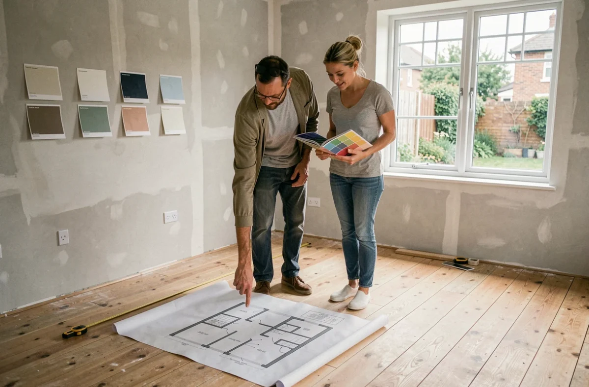 Couple examinant un plan d'aménagement intérieur dans une pièce vide avant renovation avec conseils Ma Chaumière