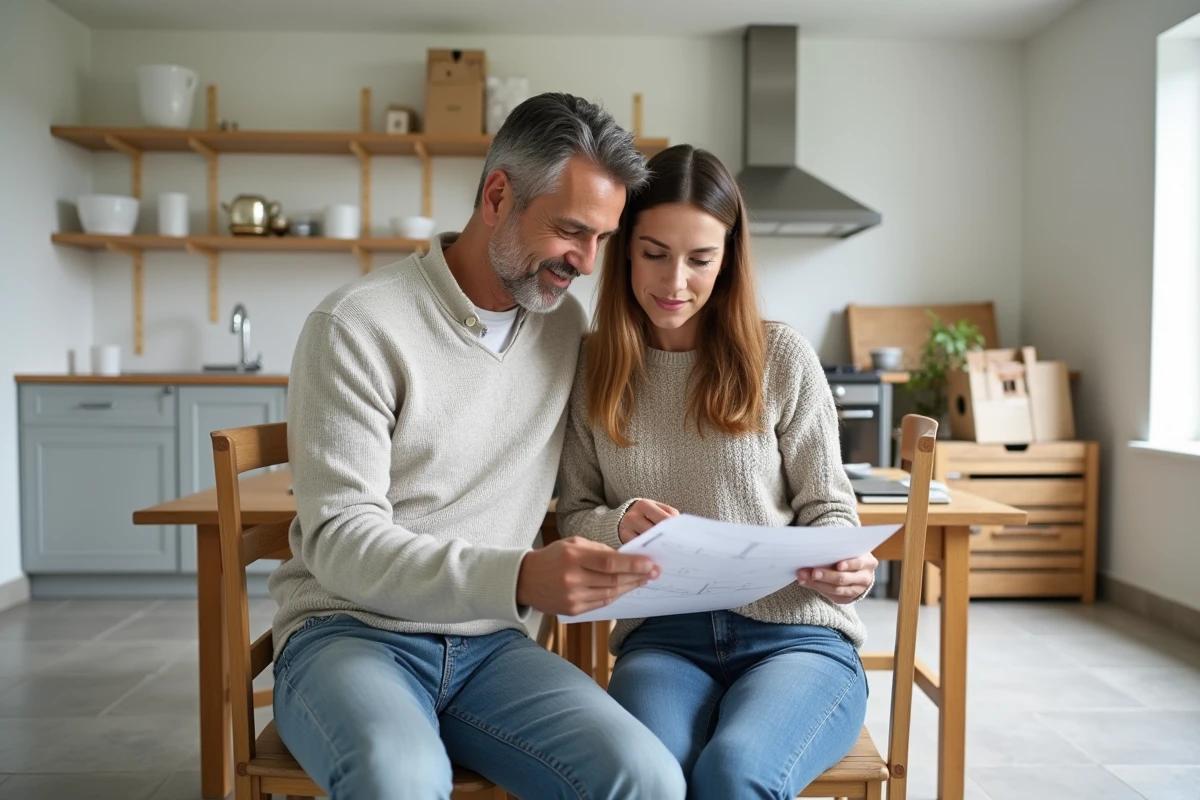 Couple de middleaged en révision de plans de rénovation