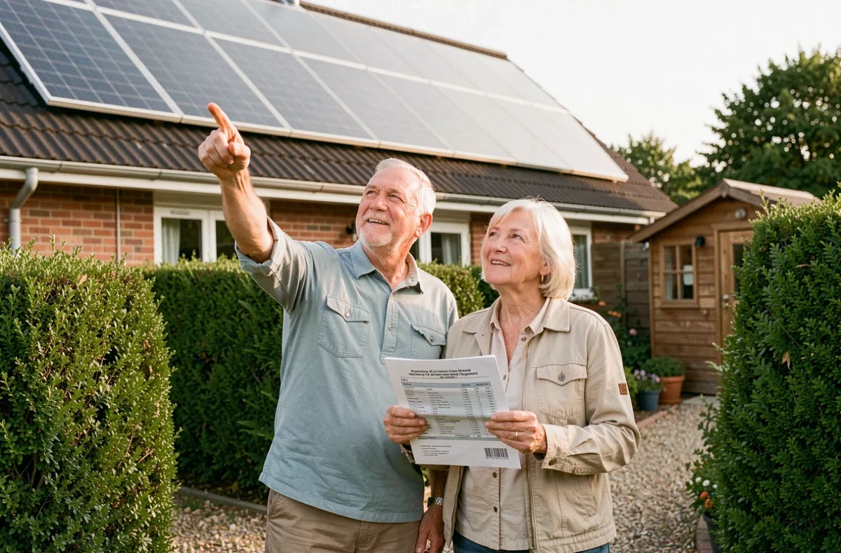 Couple de seniors dans leur jardin regardant les panneaux solaires de leur maison en tenant une facture d'énergie, contexte de la prime à l'autoconsommation