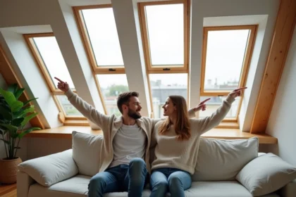 Jeune couple dans un salon avec fenêtres de toit modernes