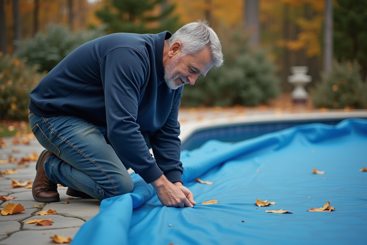 Homme en jeans nettoyant une piscine extérieure en automne