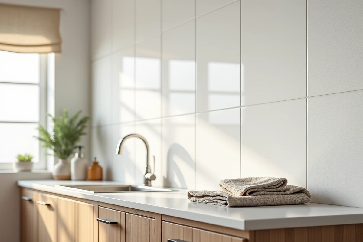 Dalle PVC murale installée derrière l'évier dans une cuisine moderne avec meubles en bois et plan de travail blanc