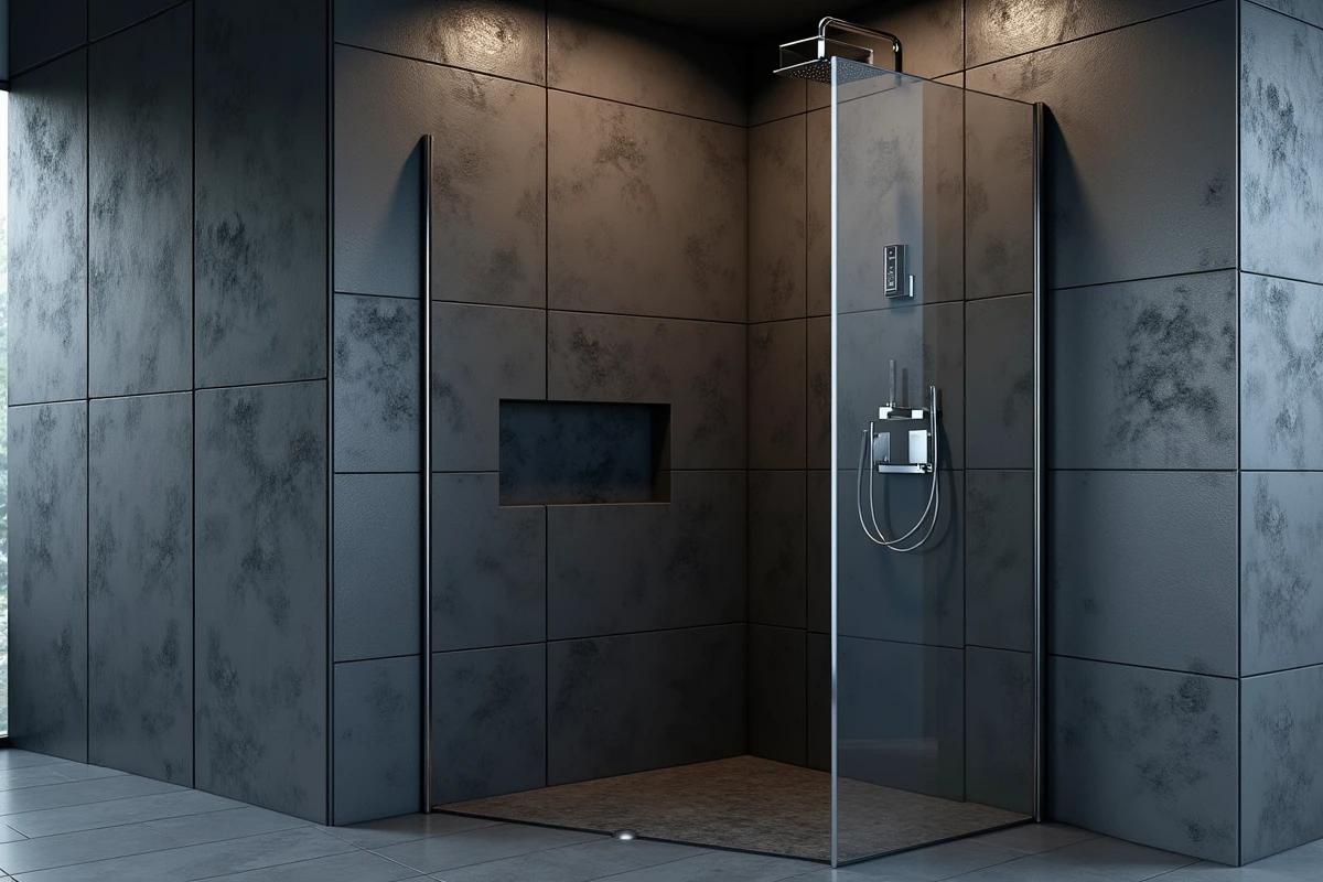 Dalle PVC murale effet pierre anthracite posée du sol au plafond dans une douche à l'italienne avec paroi en verre