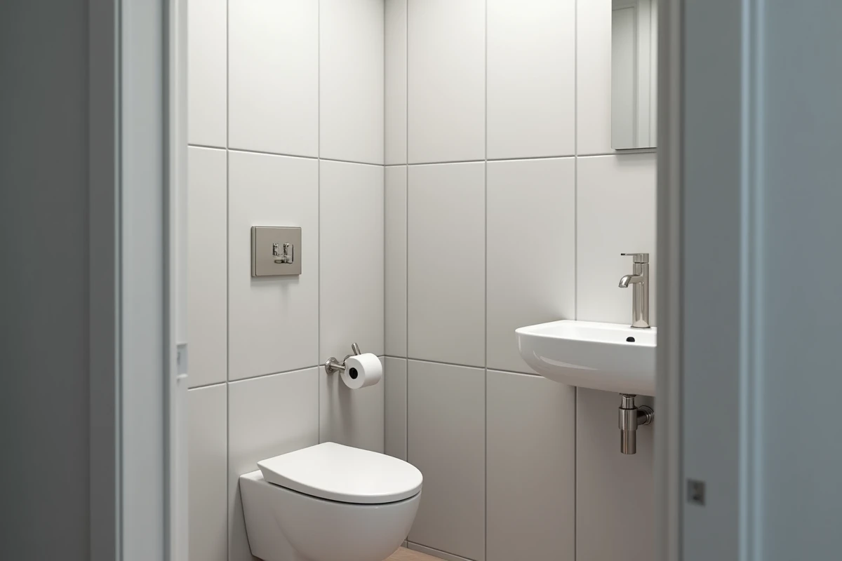 Panneau PVC mural gris clair installé autour des toilettes et du lave-mains dans un WC compact