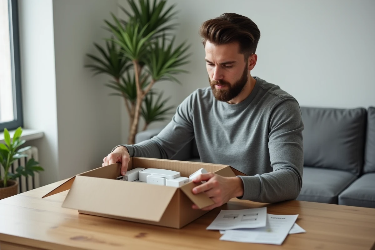 Homme déballant sa première box domotique posée sur un bureau en bois dans un salon moderne