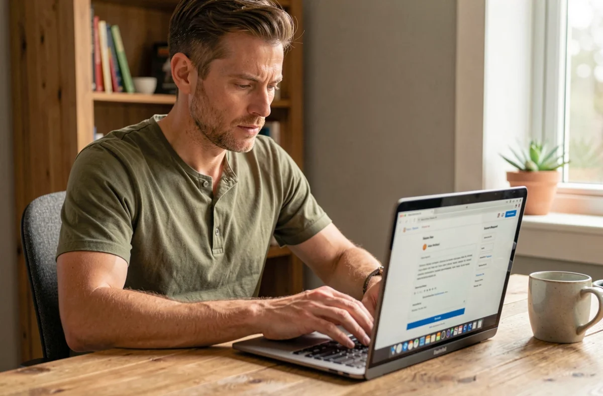 Homme utilisant un ordinateur portable pour faire une demande d'artisan en ligne à domicile