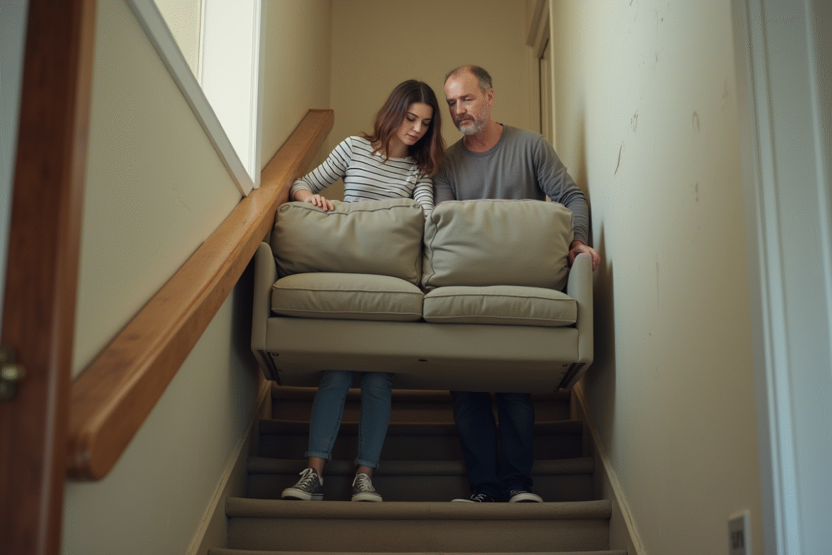 Jeune femme et homme déplacent un canapé dans un escalier intérieur
