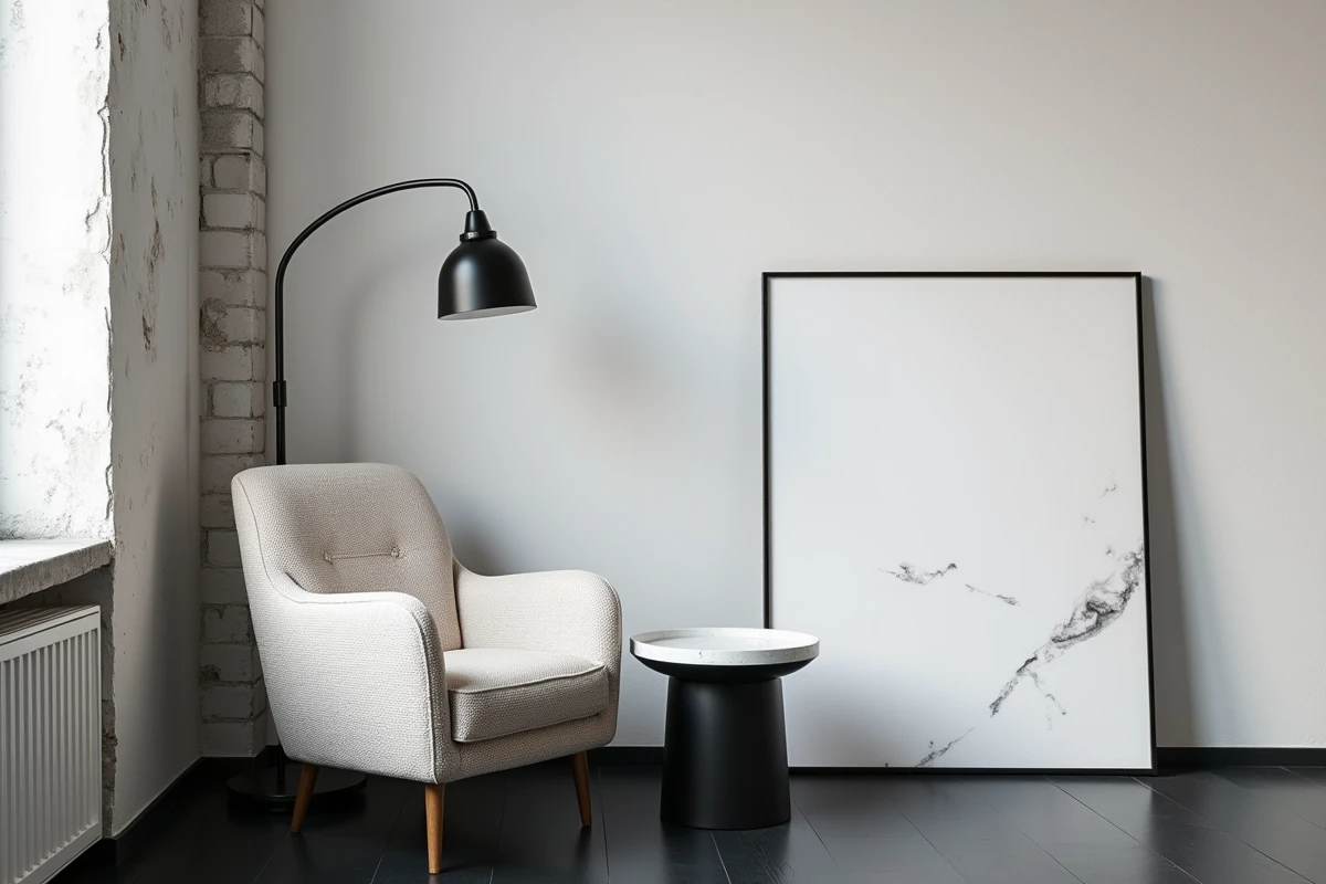 Détail déco salon noir et blanc avec fauteuil boucle, table noire et toile abstraite en loft industriel