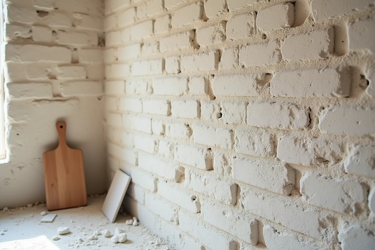 Détail de mur en pierre brute partiellement recouvert d'enduit map, montrant le contraste entre surface brute et surface enduite