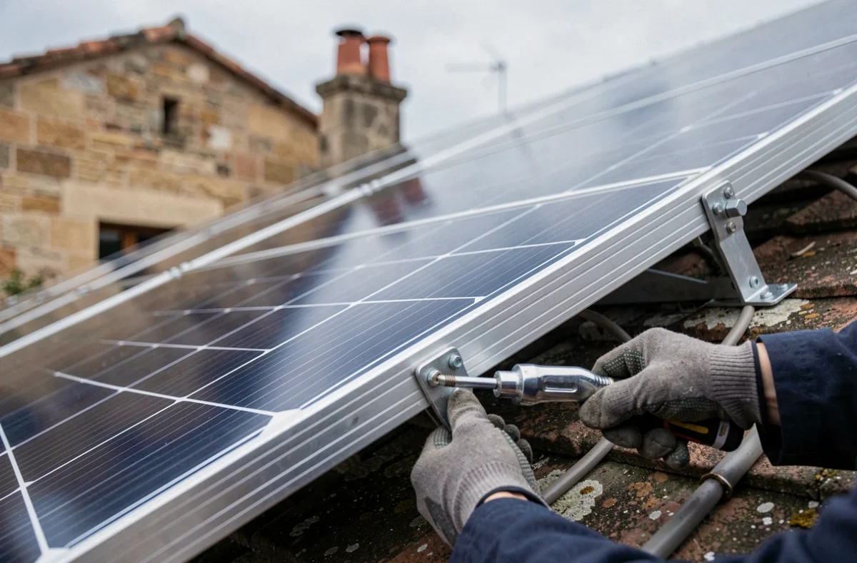 Gros plan sur les fixations et cellules de panneaux solaires installés sur une maison en pierre bordelaise