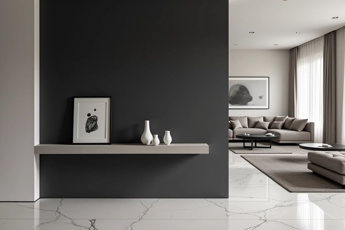 Détail d'un mur noir mat avec étagère en béton et vases blancs dans un intérieur salon noir gris blanc contemporain