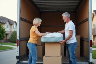 Couple organisant des cartons dans un camion de déménagement