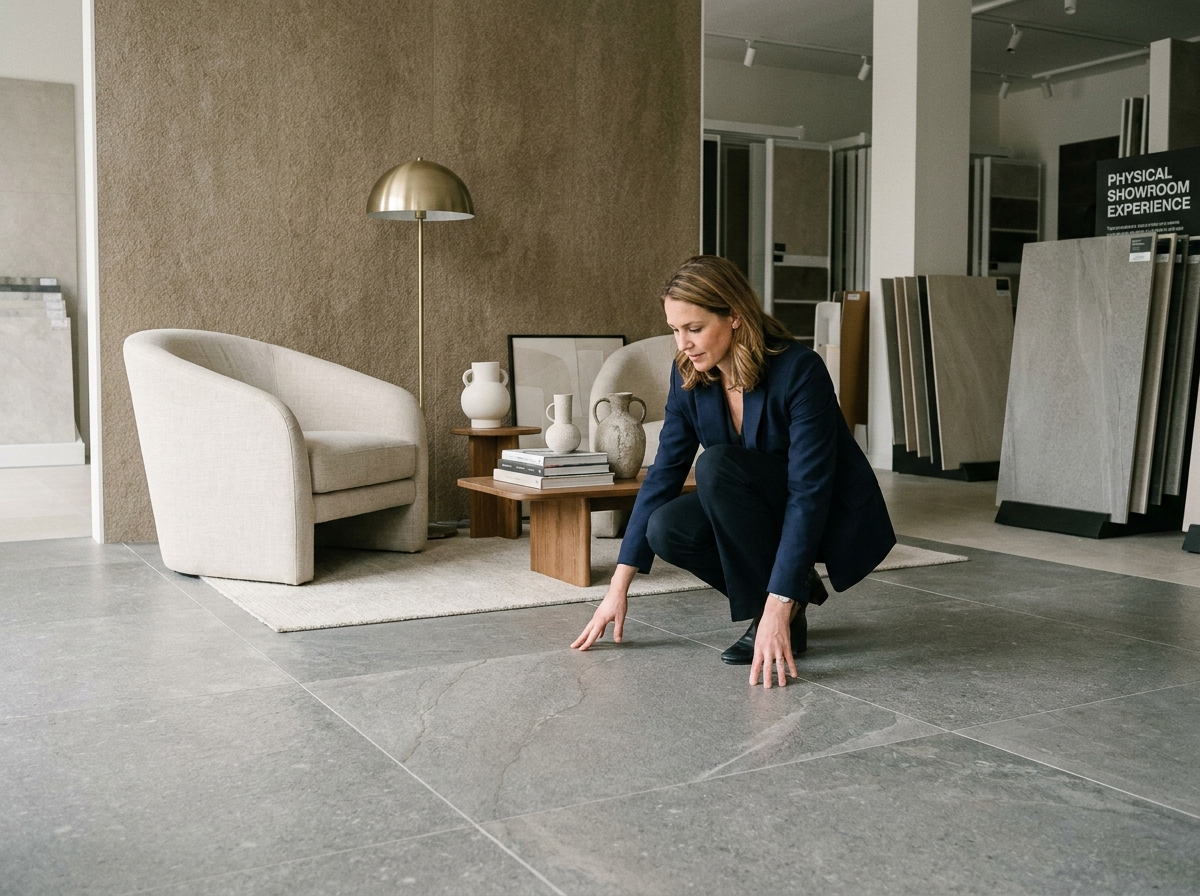 Vignette lifestyle immersive en showroom de carrelage offrant une différenciation unique face aux ventes en ligne