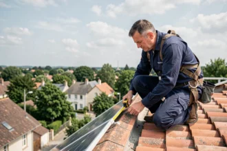 Technicien mesurant la distance entre des panneaux solaires et le bord d'un toit en tuiles rouges lors d'une installation résidentielle