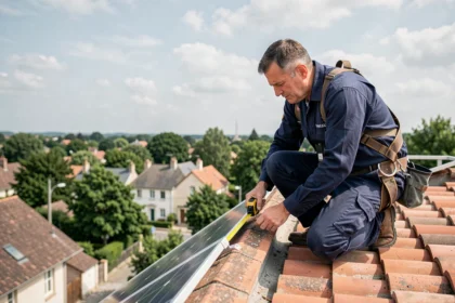 Technicien mesurant la distance entre des panneaux solaires et le bord d'un toit en tuiles rouges lors d'une installation résidentielle