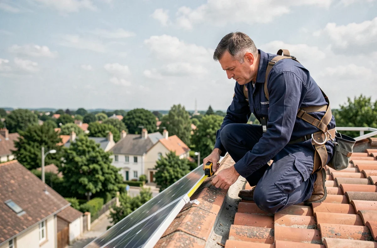 Technicien mesurant la distance entre des panneaux solaires et le bord d'un toit en tuiles rouges lors d'une installation résidentielle