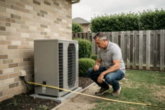 Pompe à chaleur installée contre un mur de maison avec mesure de distance par rapport à la clôture du voisin