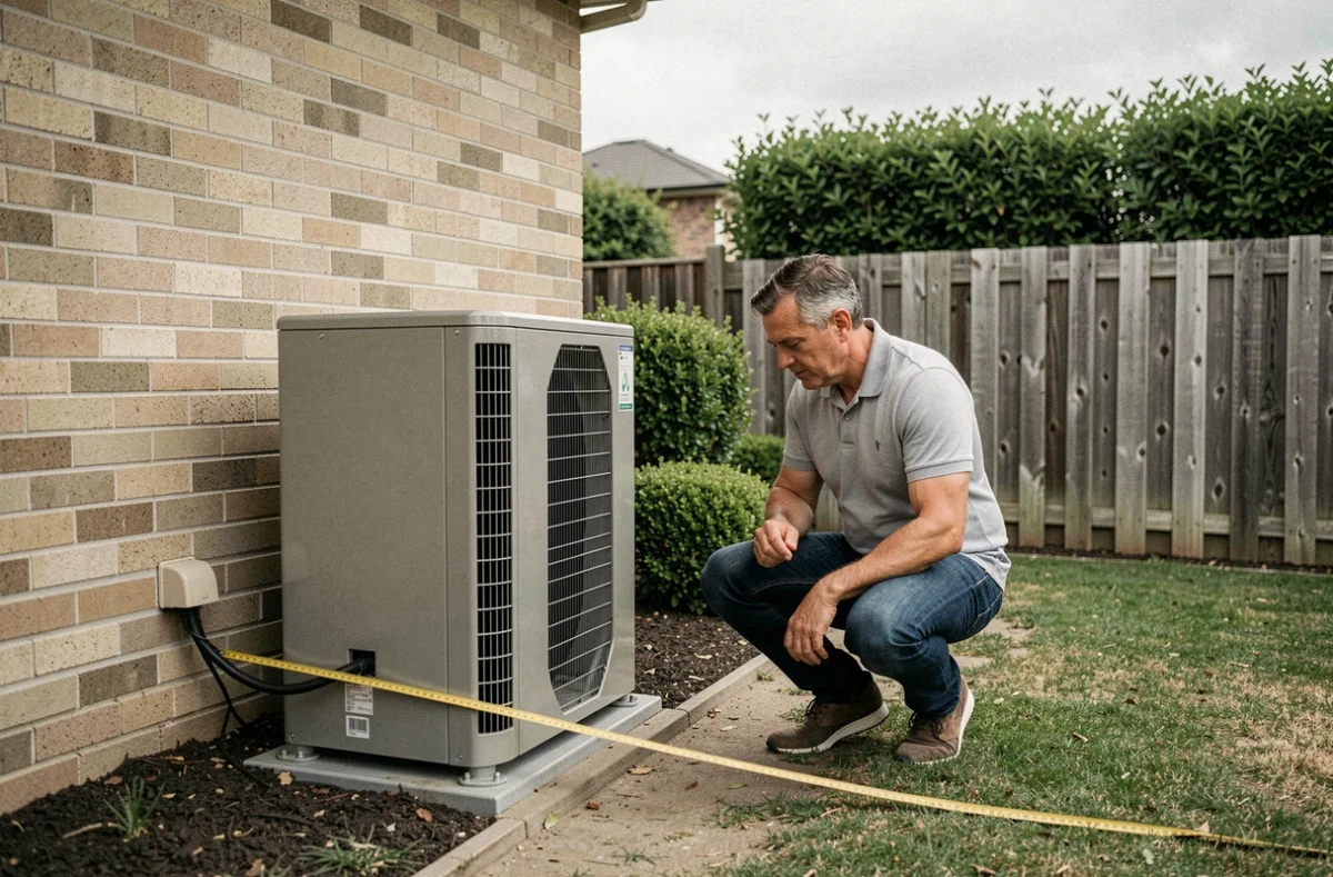 Pompe à chaleur installée contre un mur de maison avec mesure de distance par rapport à la clôture du voisin