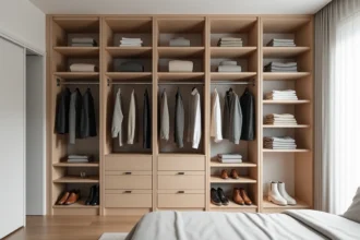 Dressing moderne avec cornières en aluminium brossé servant de supports structurels pour des étagères en bois