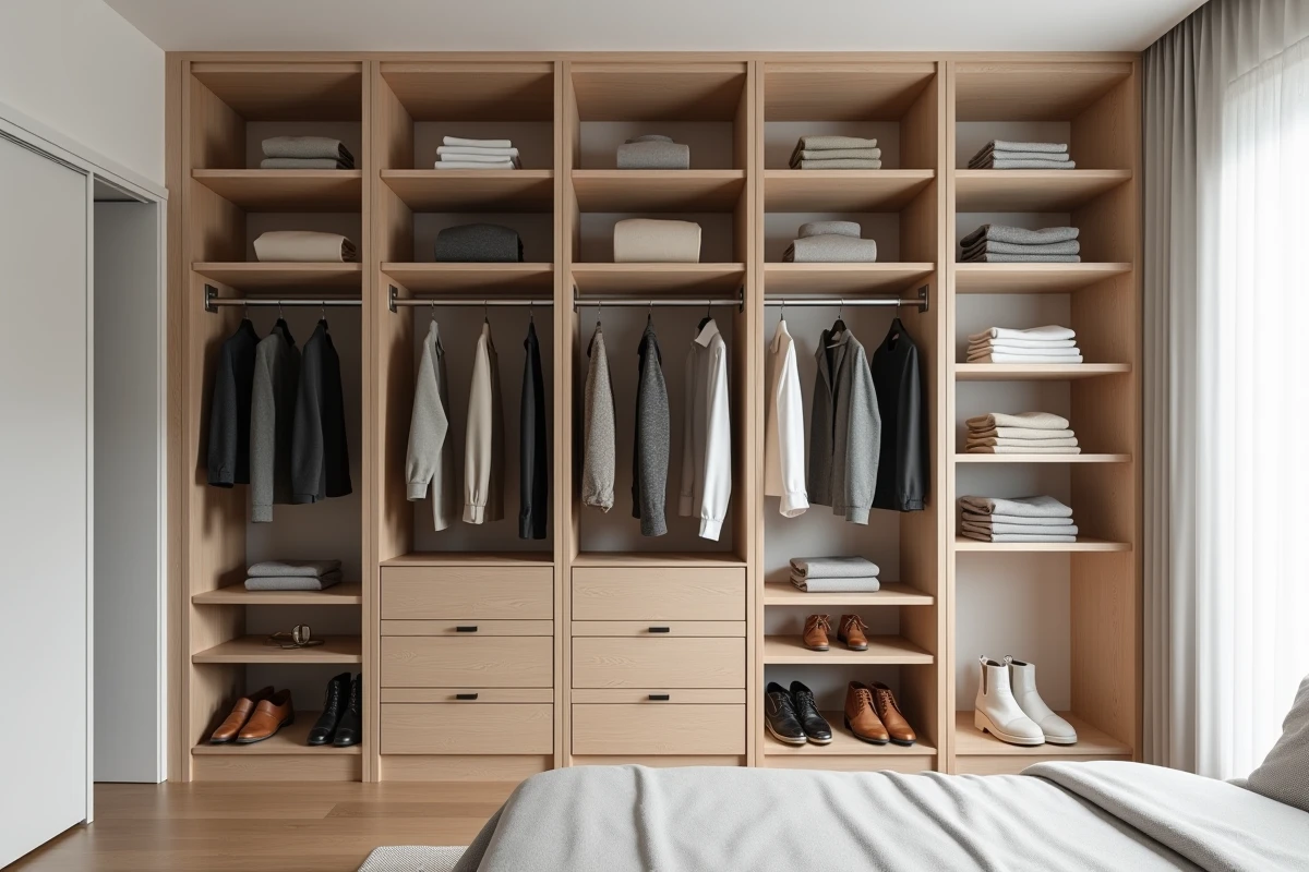 Dressing moderne avec cornières en aluminium brossé servant de supports structurels pour des étagères en bois