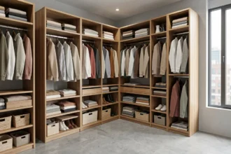Dressing ouvert sur mesure sans portes dans une chambre moderne au style scandinave avec étagères en bois chêne et vêtements organisés par couleur