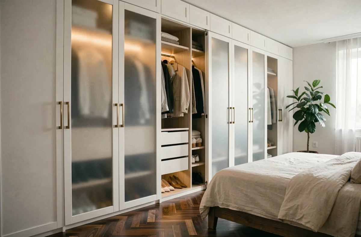 Dressing sur mesure avec portes coulissantes en verre dépoli dans une chambre principale élégante avec parquet noyer et poignées laiton brossé