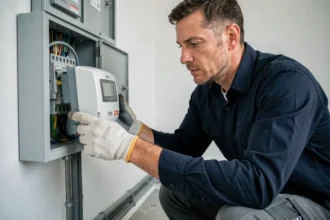 Électricien professionnel inspectant un compteur Linky dans un tableau électrique résidentiel