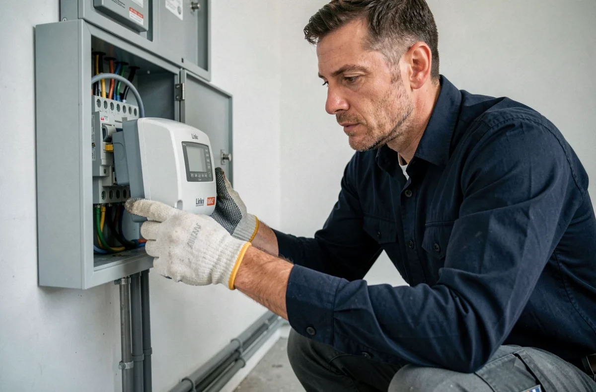 Électricien professionnel inspectant un compteur Linky dans un tableau électrique résidentiel