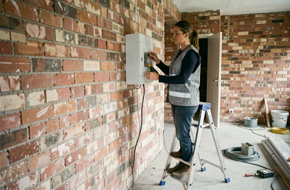 Électricienne installant un tableau électrique dans un chantier de rénovation