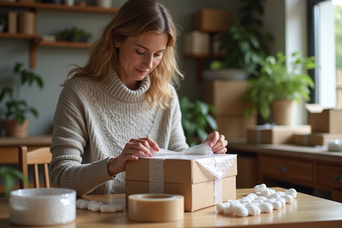 Femme emballant un vase dans un espace cosy